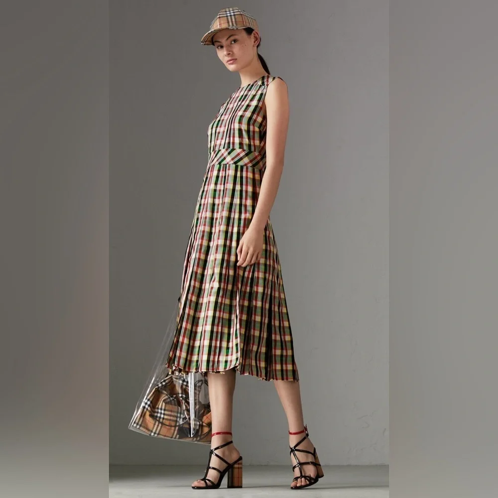 NWT BURBERRY Aria Achni Pleat Detail Check Midi Dress Size 38 US 4 - Picture 1 of 16